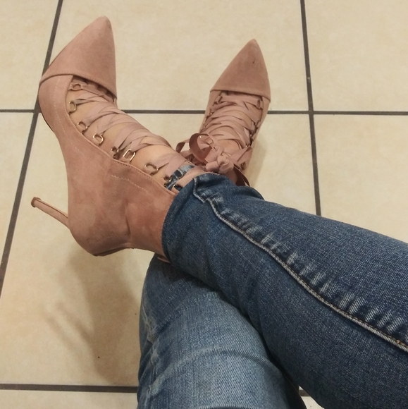 Ribbon Lace up Pointy Stiletto Booties High Heels Women - Picture 5 of 8